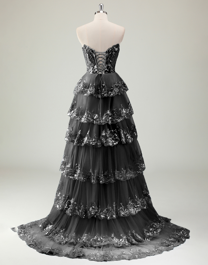 Sparkly Blue A-Line Strapless Tiered Corset Long Prom Dress with Slit