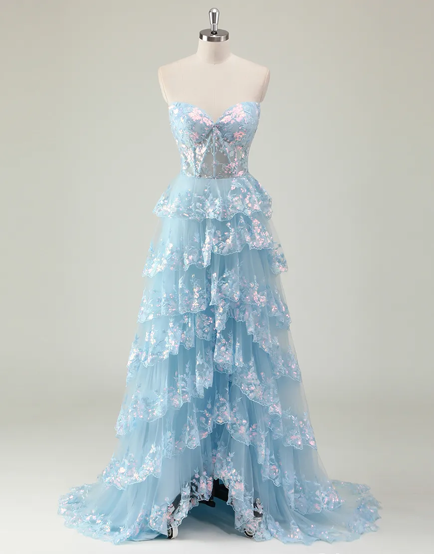 Sparkly Blue A-Line Strapless Tiered Corset Long Prom Dress with Slit