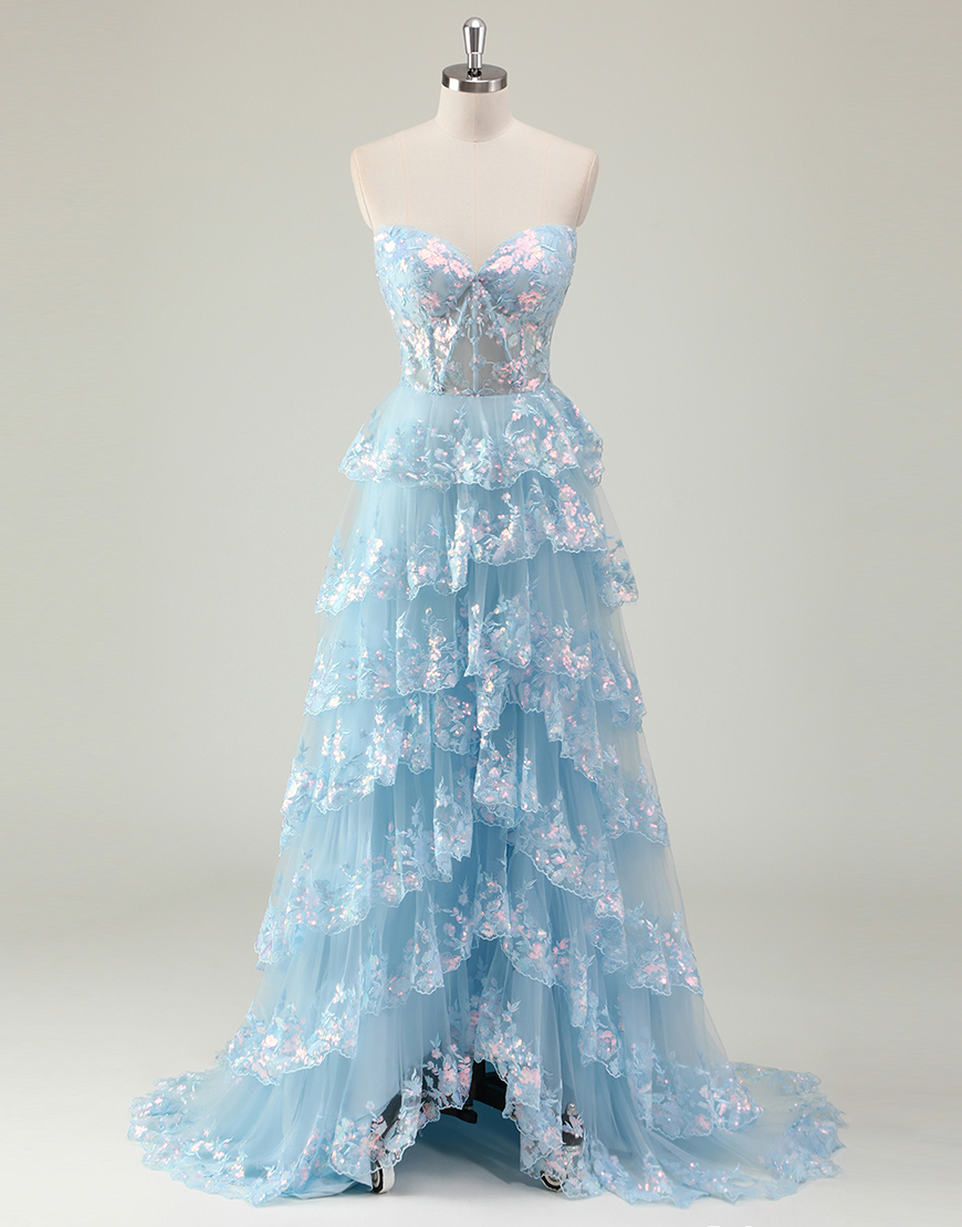 Sparkly Blue A-Line Strapless Corset Sequined Tiered Long Prom Dress with Slit