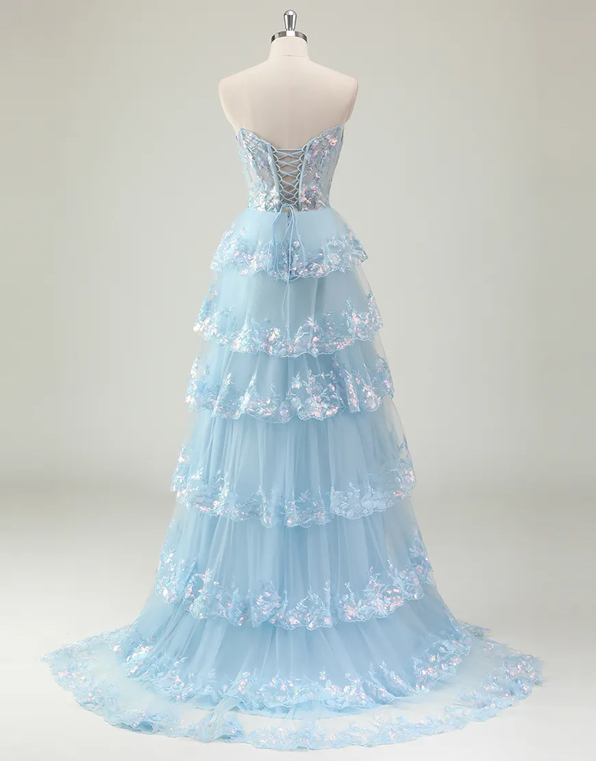 Sparkly Blue A-Line Strapless Tiered Corset Long Prom Dress with Slit