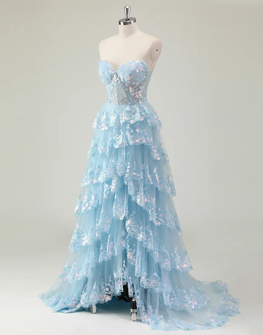 Sparkly Blue A-Line Strapless Tiered Corset Long Prom Dress with Slit
