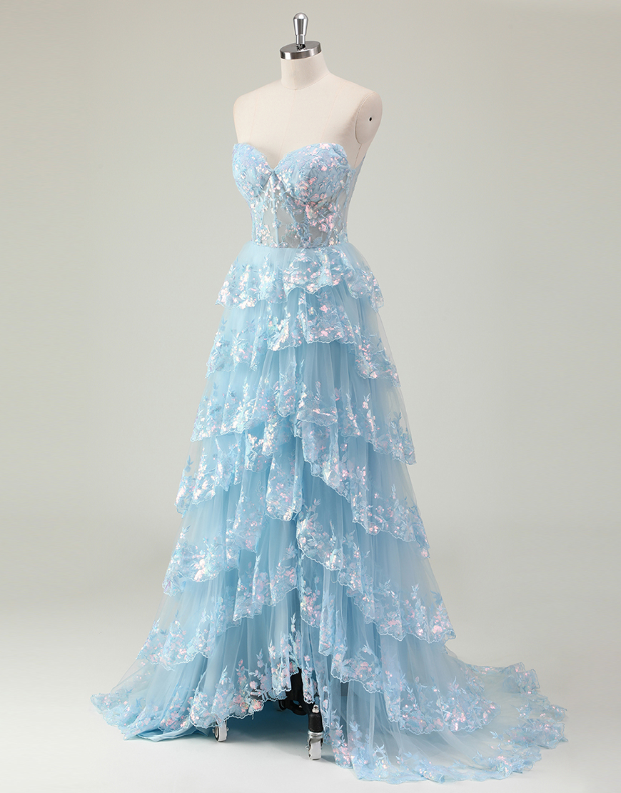 Sparkly Blue A-Line Strapless Corset Sequined Tiered Long Prom Dress with Slit