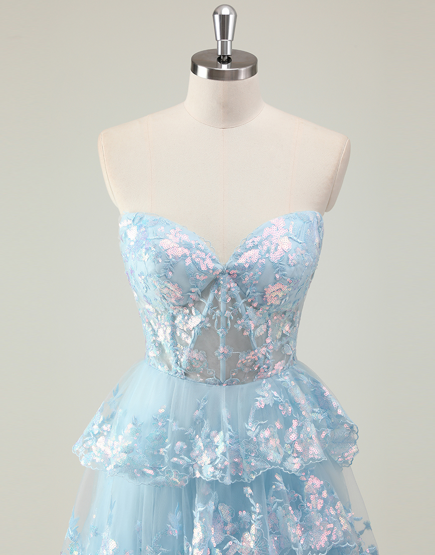 Sparkly Blue A-Line Strapless Corset Sequined Tiered Long Prom Dress with Slit