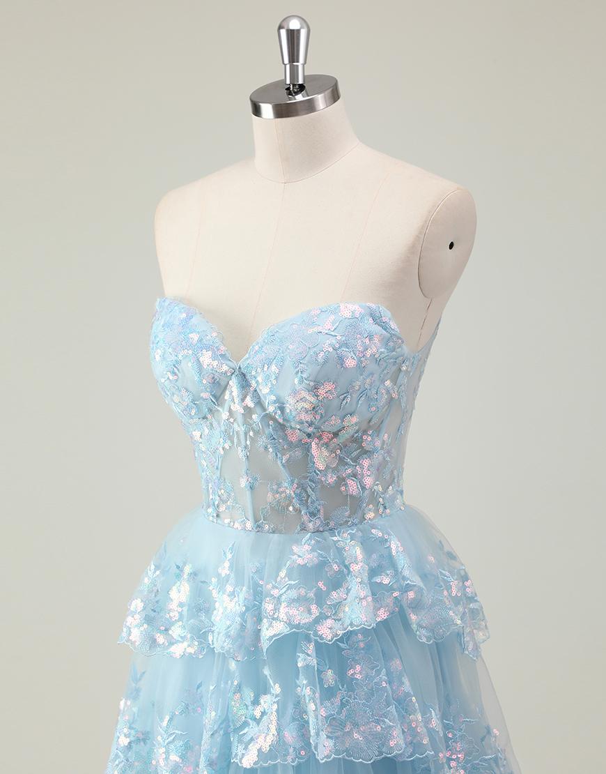 Sparkly Blue A-Line Strapless Corset Sequined Tiered Long Prom Dress with Slit