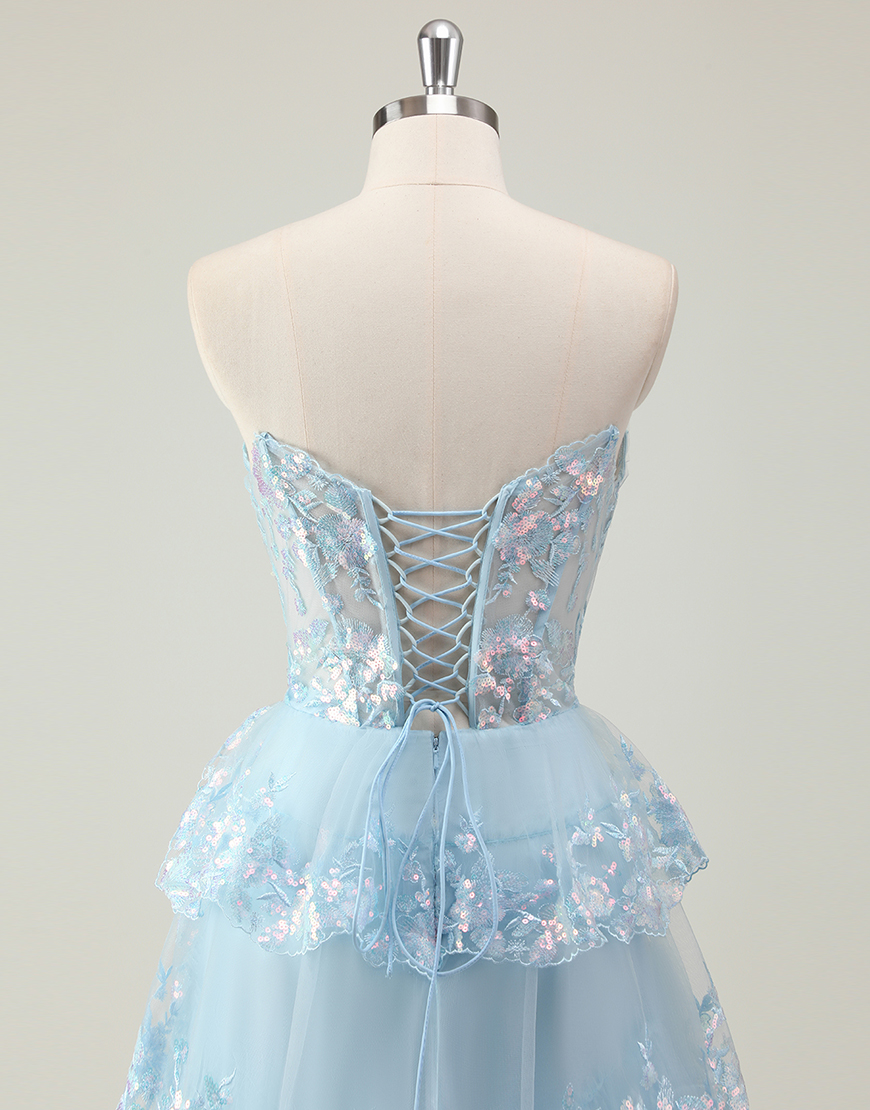 Sparkly Blue A-Line Strapless Corset Sequined Tiered Long Prom Dress with Slit