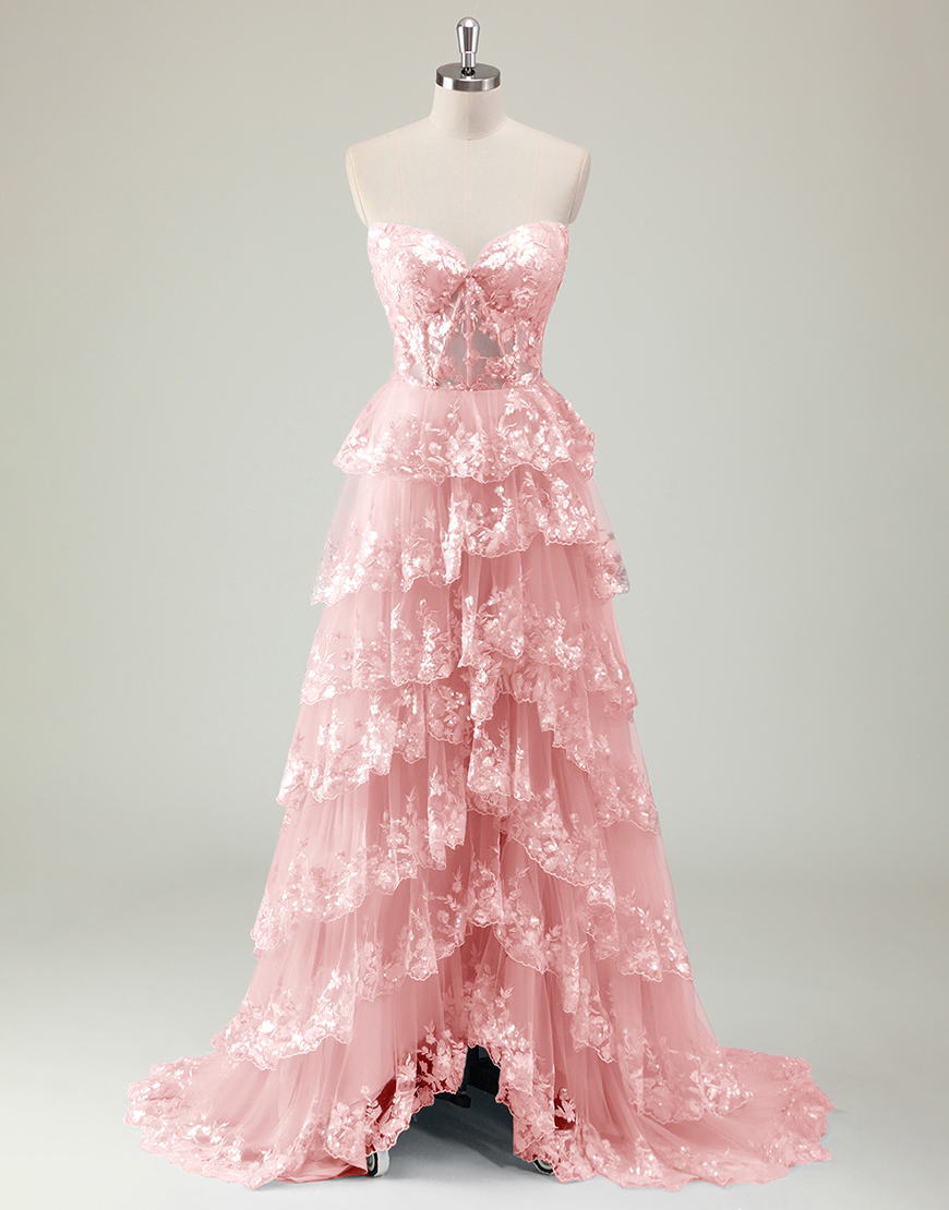 Sparkly Blue A-Line Strapless Tiered Corset Long Prom Dress with Slit