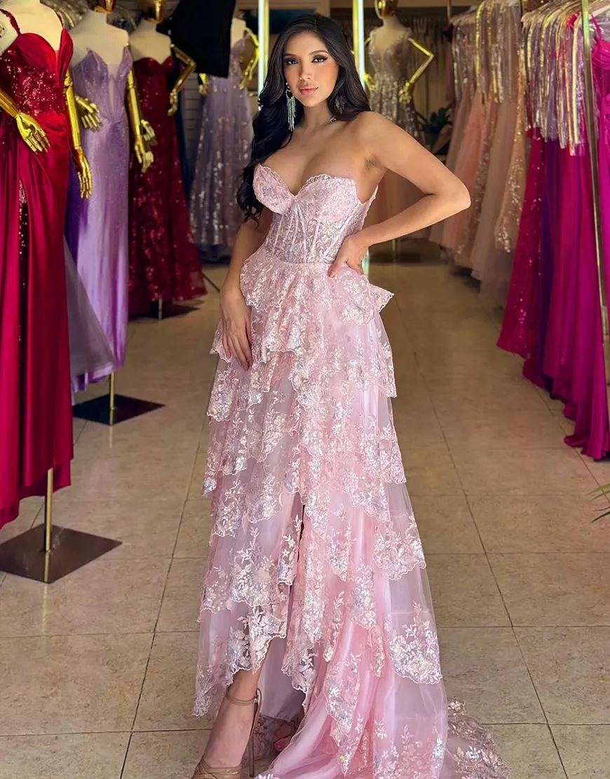 Sparkly Blue A-Line Strapless Corset Sequined Tiered Long Prom Dress with Slit