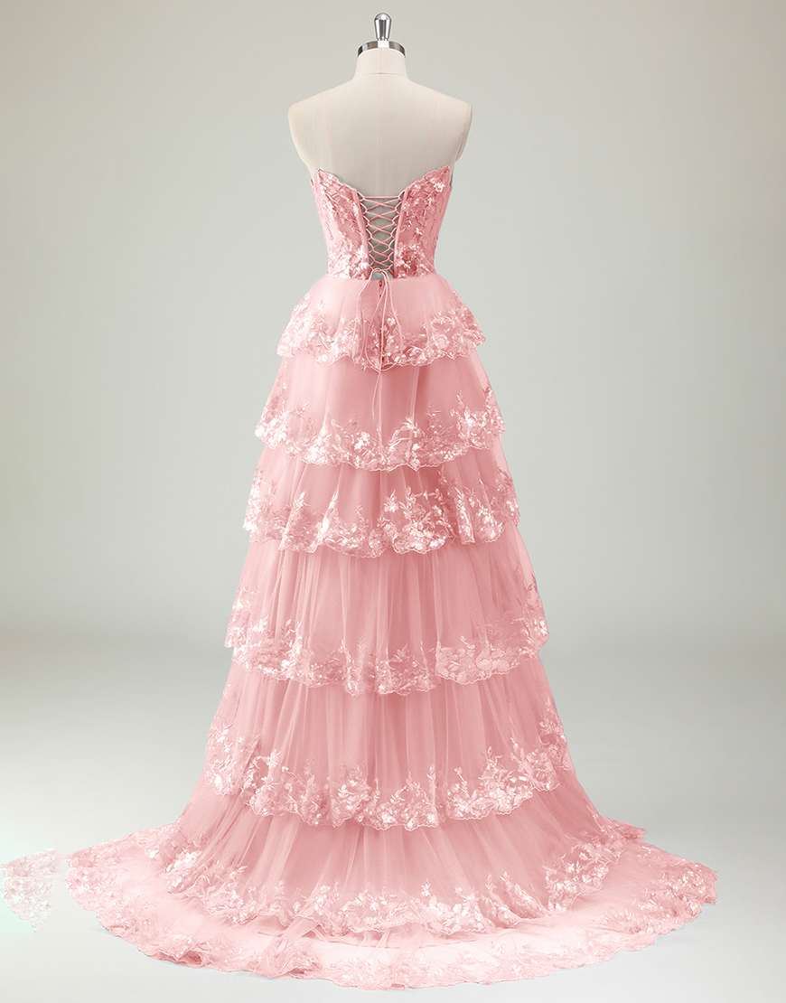 Sparkly Blue A-Line Strapless Tiered Corset Long Prom Dress with Slit