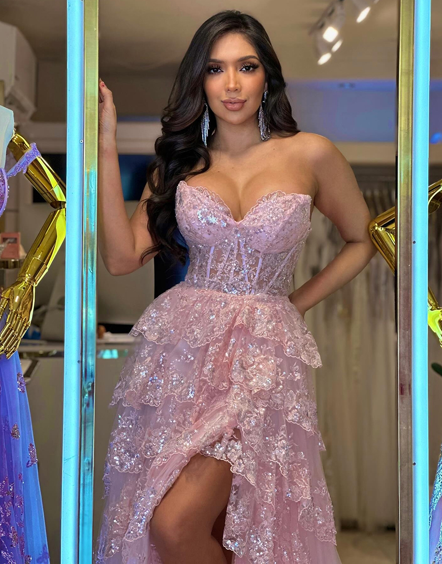 Sparkly Blue A-Line Strapless Tiered Corset Long Prom Dress with Slit