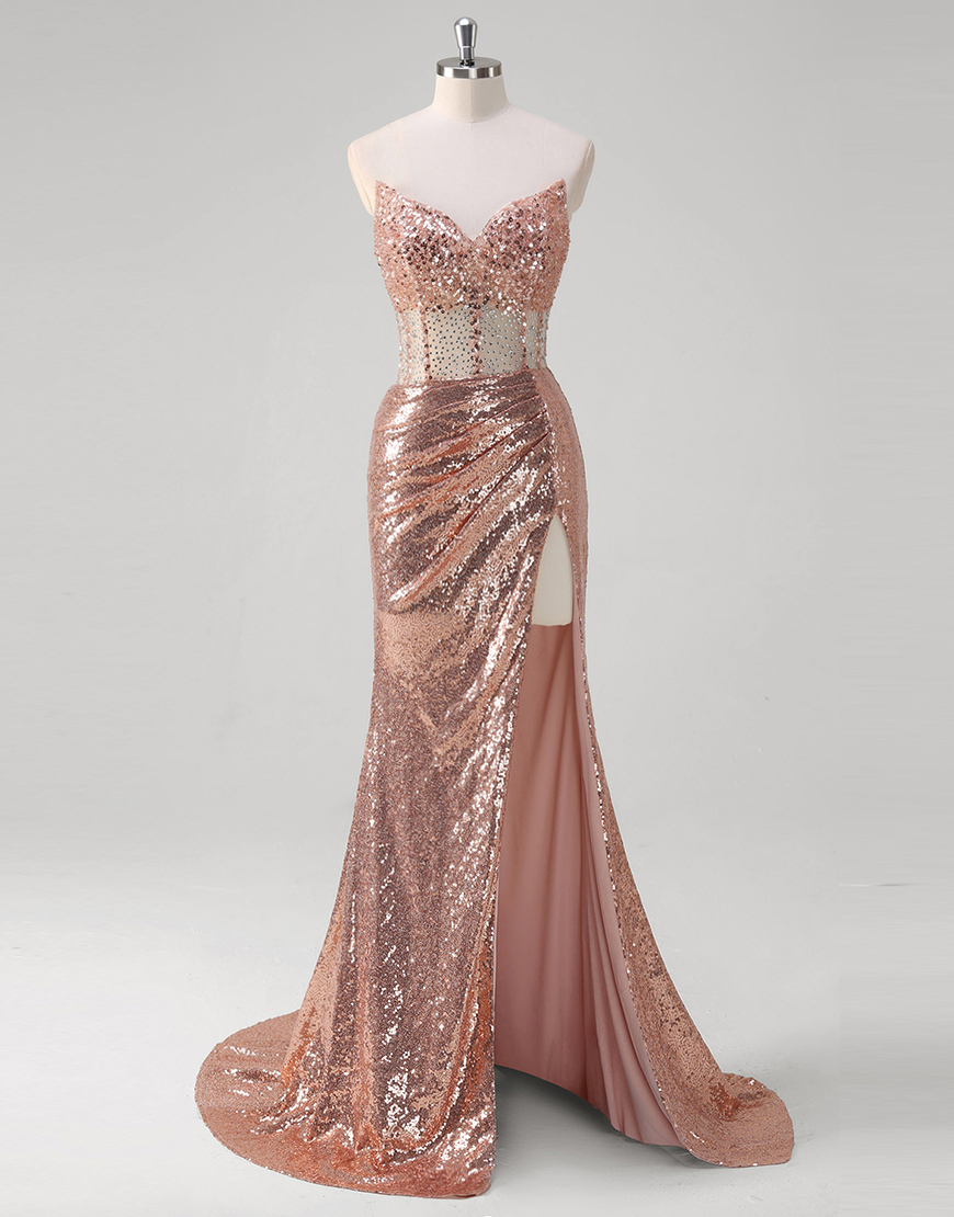 Sparkly Rose Golden Mermaid Strapless Corset Sequins Long Prom Dress with Slit