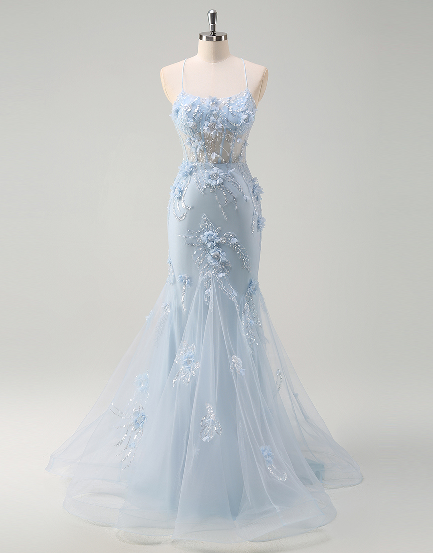 Berlinnova Women Sparky Blue Mermaid Long Prom Dress Spaghetti Straps Corset Flowers Tulle Evening Dress