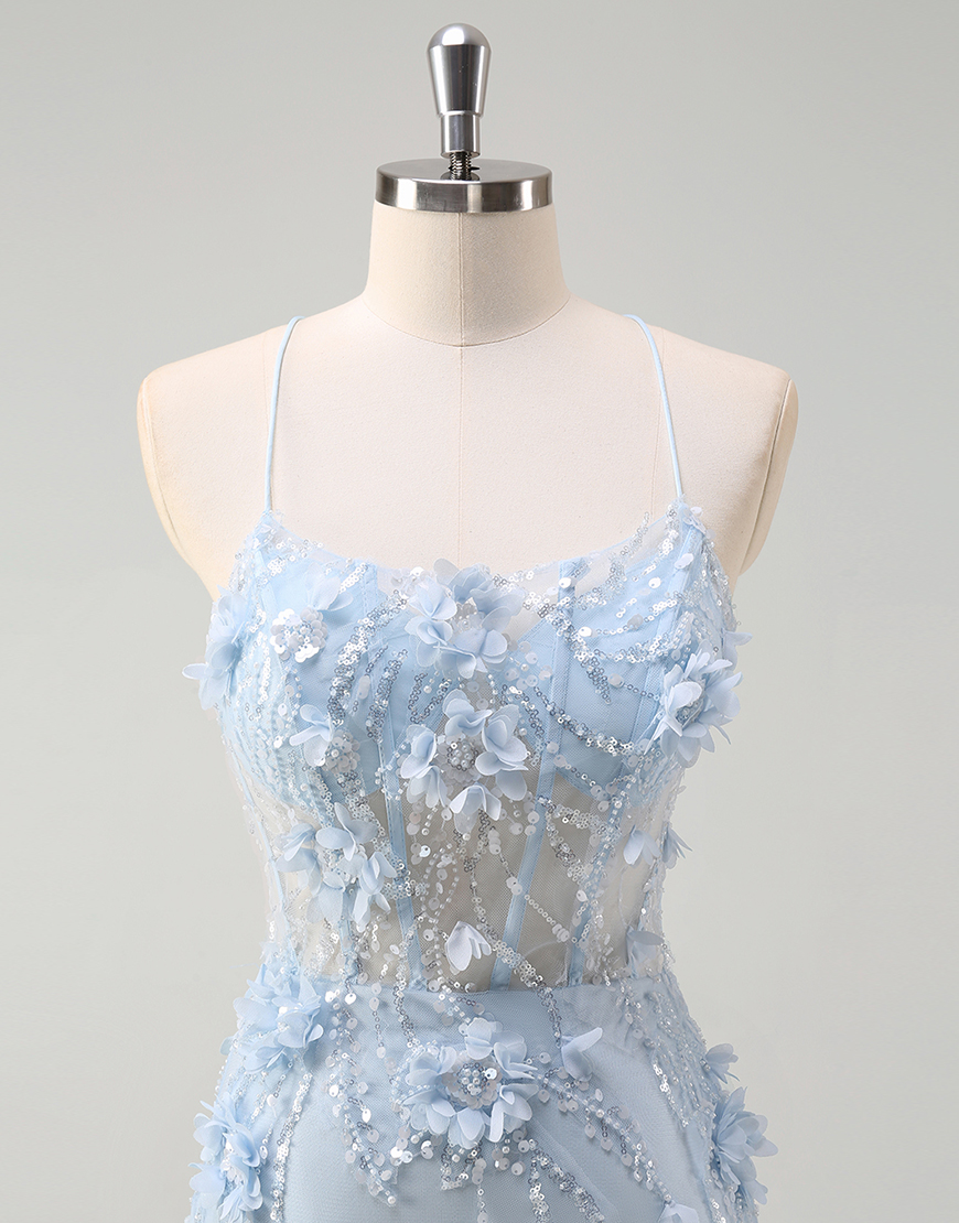 Berlinnova Women Sparky Blue Mermaid Long Prom Dress Spaghetti Straps Corset Flowers Tulle Evening Dress