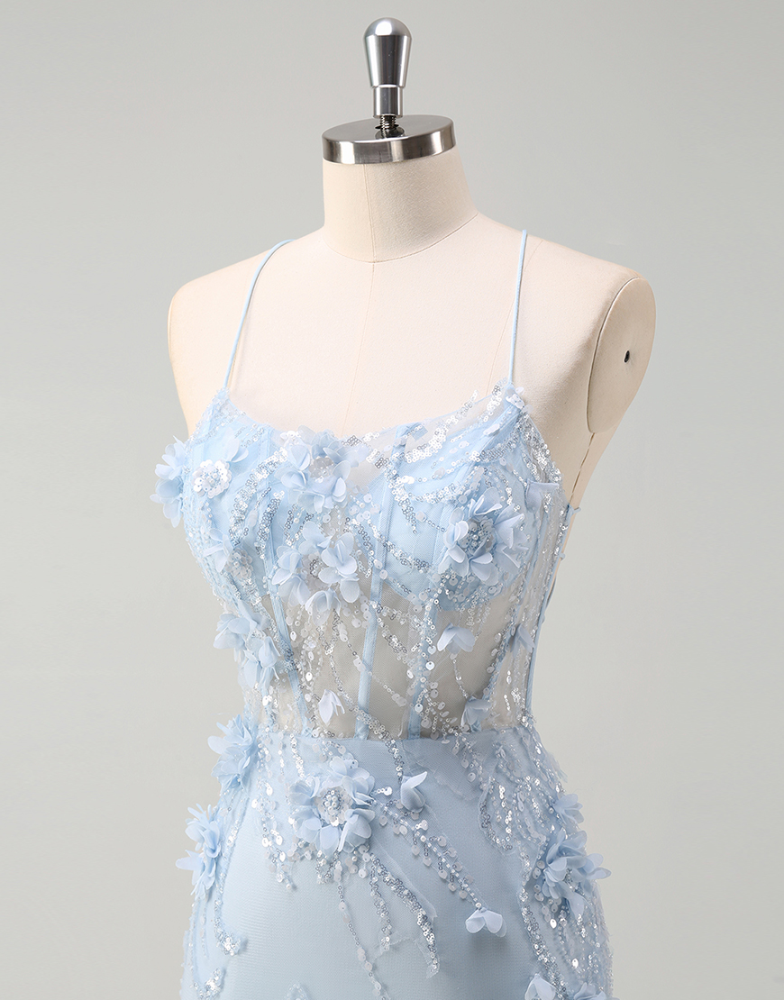 Berlinnova Women Sparky Blue Mermaid Long Prom Dress Spaghetti Straps Corset Flowers Tulle Evening Dress