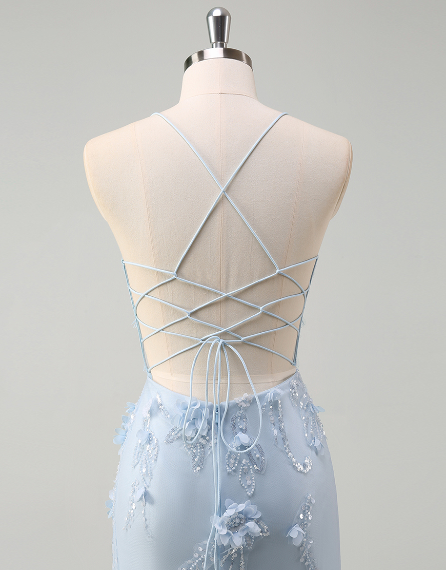 Berlinnova Women Sparky Blue Mermaid Long Prom Dress Spaghetti Straps Corset Flowers Tulle Evening Dress