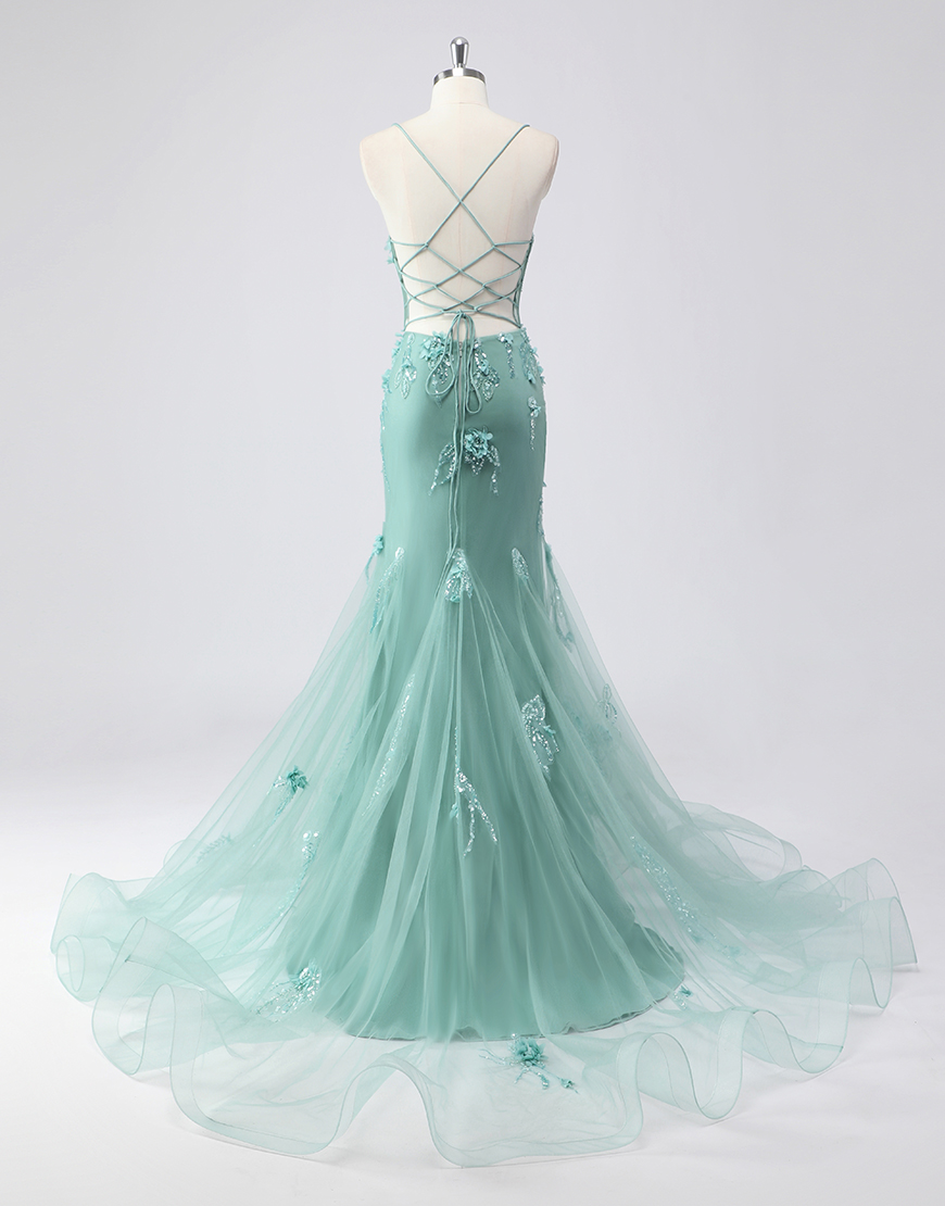 Berlinnova Women Sparky Green Mermaid Long Prom Dress Spaghetti Straps Corset Flowers Tulle Evening Dress