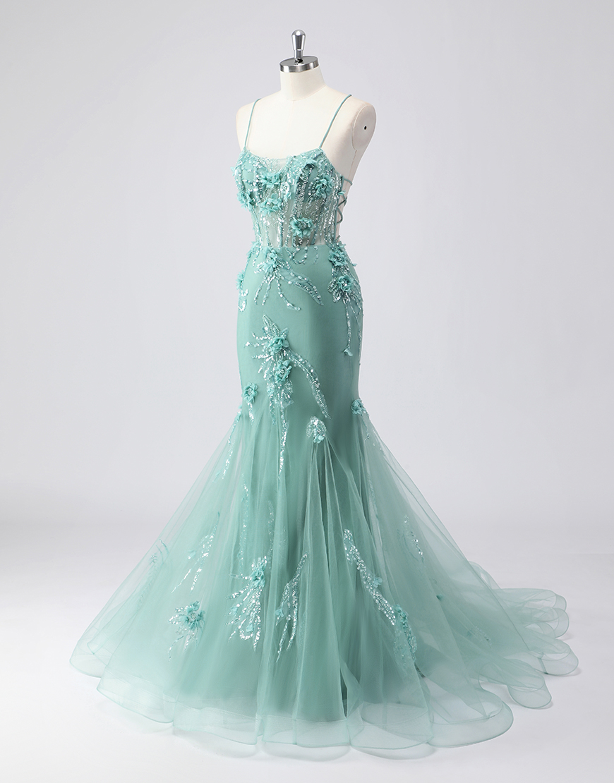 Berlinnova Women Sparky Green Mermaid Long Prom Dress Spaghetti Straps Corset Flowers Tulle Evening Dress