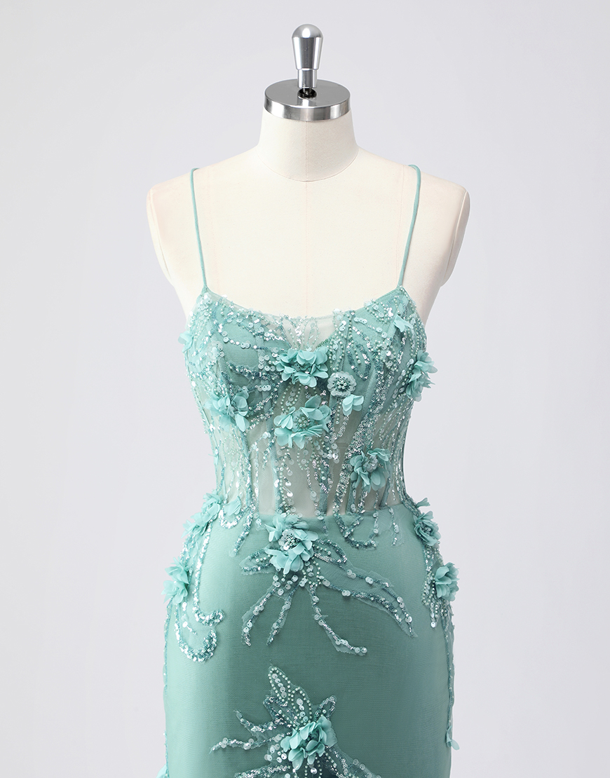 Berlinnova Women Sparky Green Mermaid Long Prom Dress Spaghetti Straps Corset Flowers Tulle Evening Dress