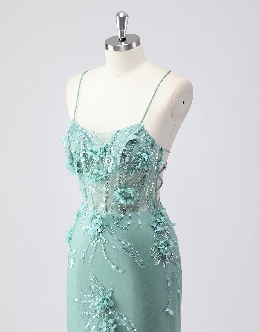 Berlinnova Women Sparky Green Mermaid Long Prom Dress Spaghetti Straps Corset Flowers Tulle Evening Dress