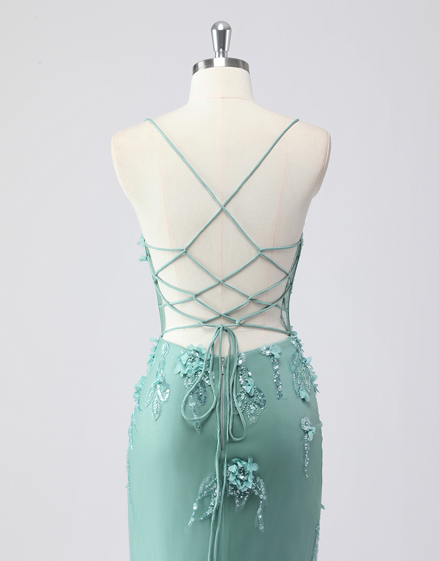 Berlinnova Women Sparky Green Mermaid Long Prom Dress Spaghetti Straps Corset Flowers Tulle Evening Dress