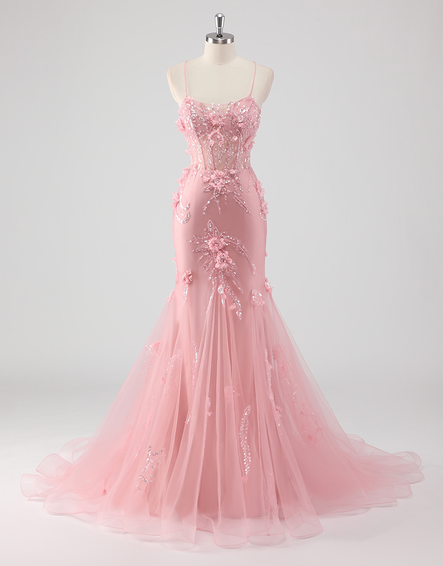 Berlinnova Women Sparky Pink Mermaid Long Prom Dress Spaghetti Straps Corset Flowers Tulle Evening Dress
