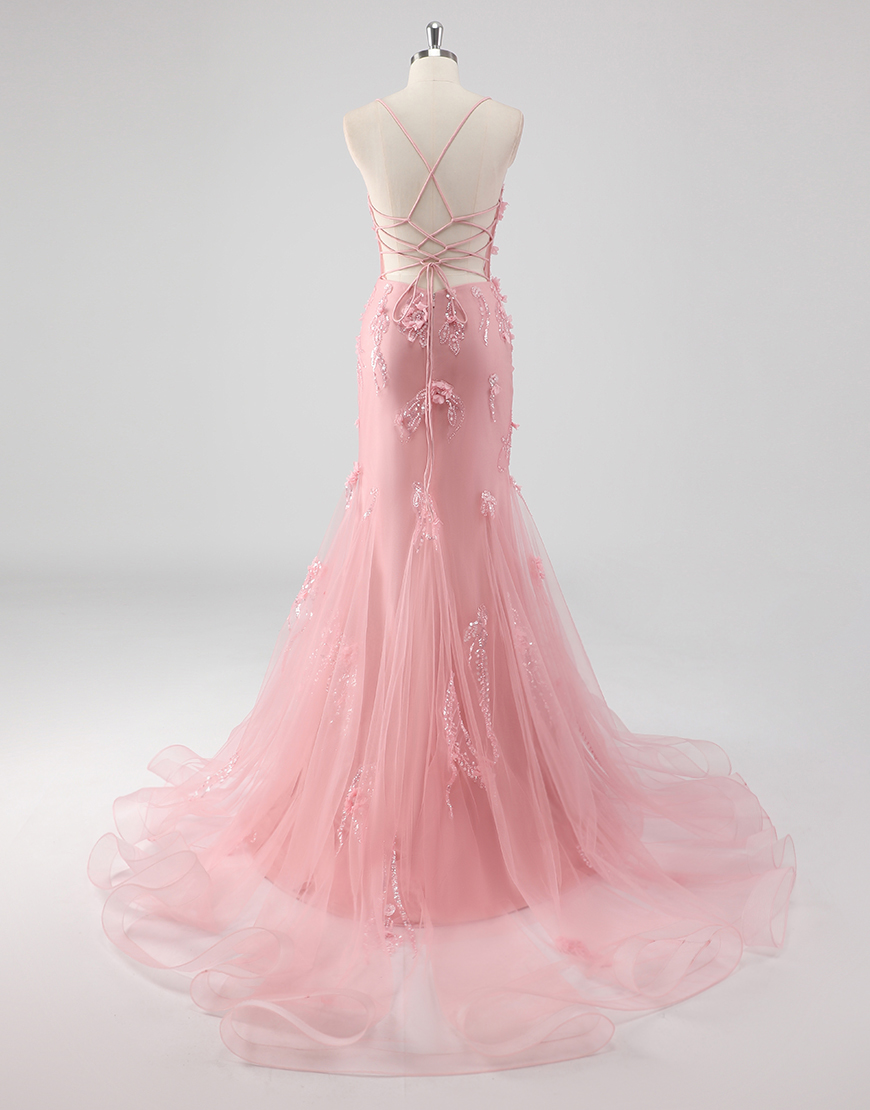 Berlinnova Women Sparky Pink Mermaid Long Prom Dress Spaghetti Straps Corset Flowers Tulle Evening Dress