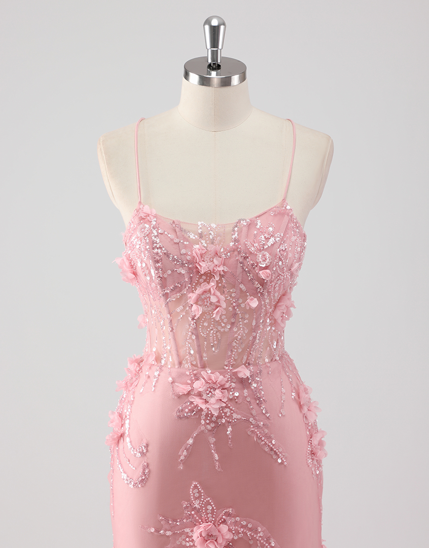 Berlinnova Women Sparky Pink Mermaid Long Prom Dress Spaghetti Straps Corset Flowers Tulle Evening Dress