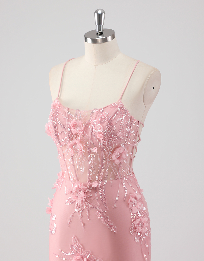 Berlinnova Women Sparky Pink Mermaid Long Prom Dress Spaghetti Straps Corset Flowers Tulle Evening Dress