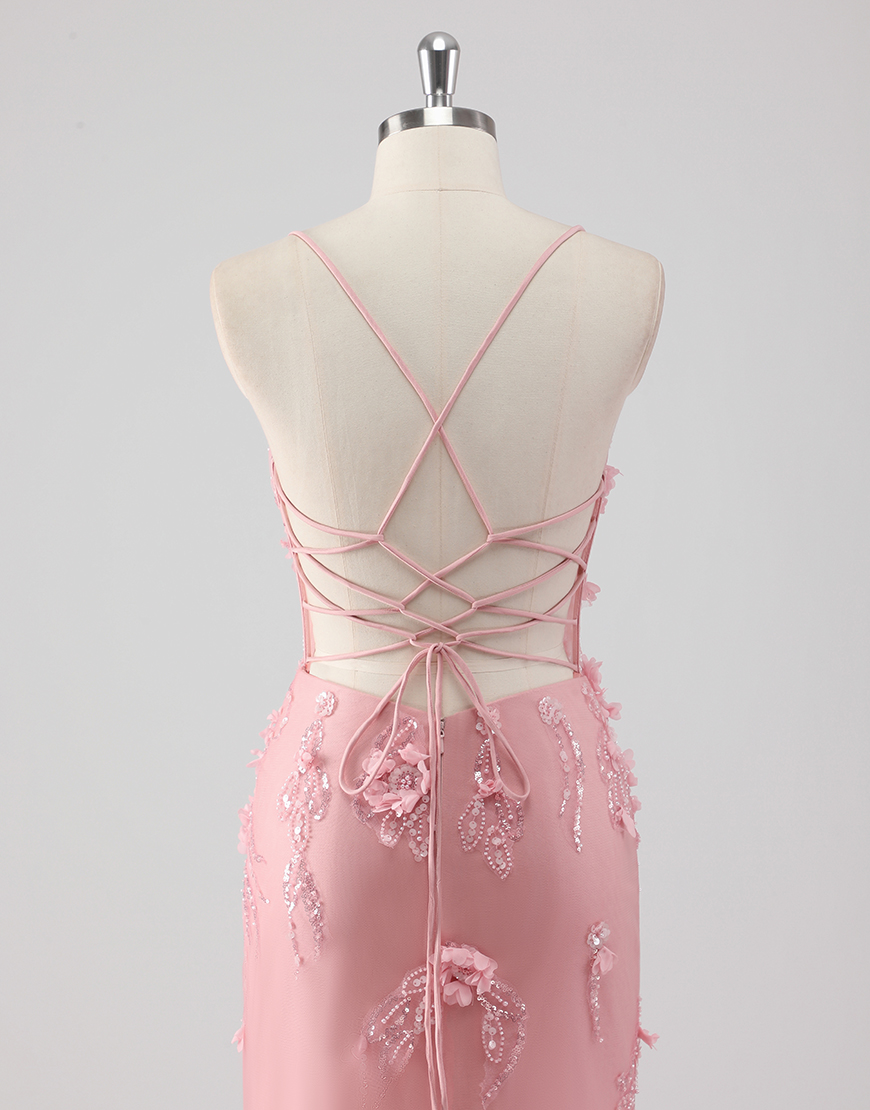 Berlinnova Women Sparky Pink Mermaid Long Prom Dress Spaghetti Straps Corset Flowers Tulle Evening Dress