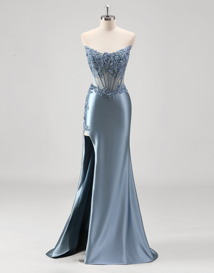 Sparkly Grey Blue Mermaid Beading Embroidery Strapless Corset Long Prom Dress with Slit