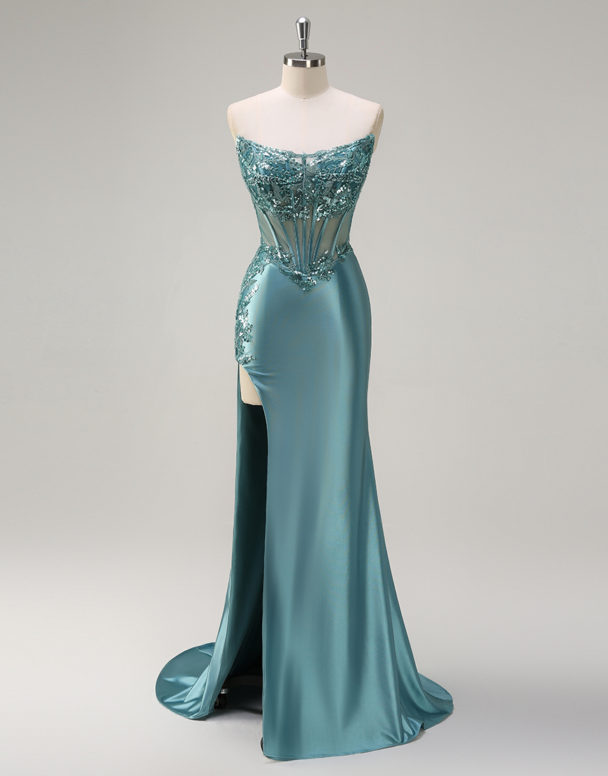 Sparkly Grey Blue Mermaid Beading Embroidery Strapless Corset Long Prom Dress with Slit