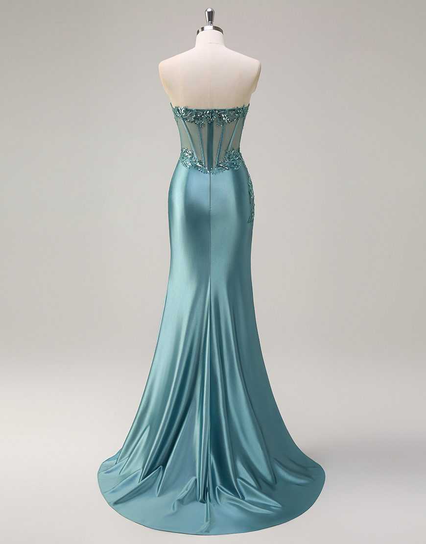 Sparkly Grey Blue Mermaid Beading Embroidery Strapless Corset Long Prom Dress with Slit