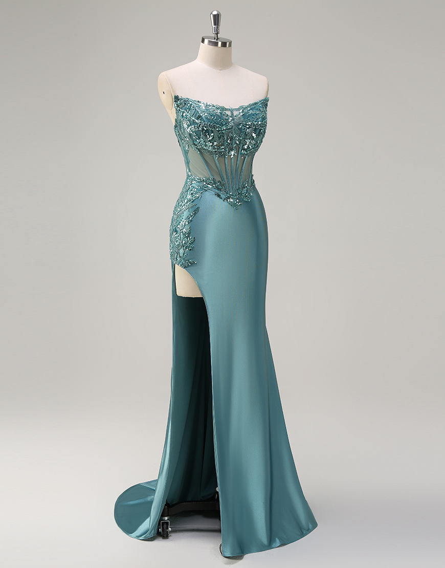 Sparkly Grey Blue Mermaid Beading Embroidery Strapless Corset Long Prom Dress with Slit
