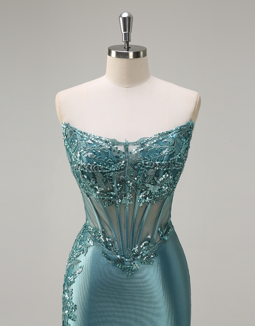 Sparkly Grey Blue Mermaid Beading Embroidery Strapless Corset Long Prom Dress with Slit