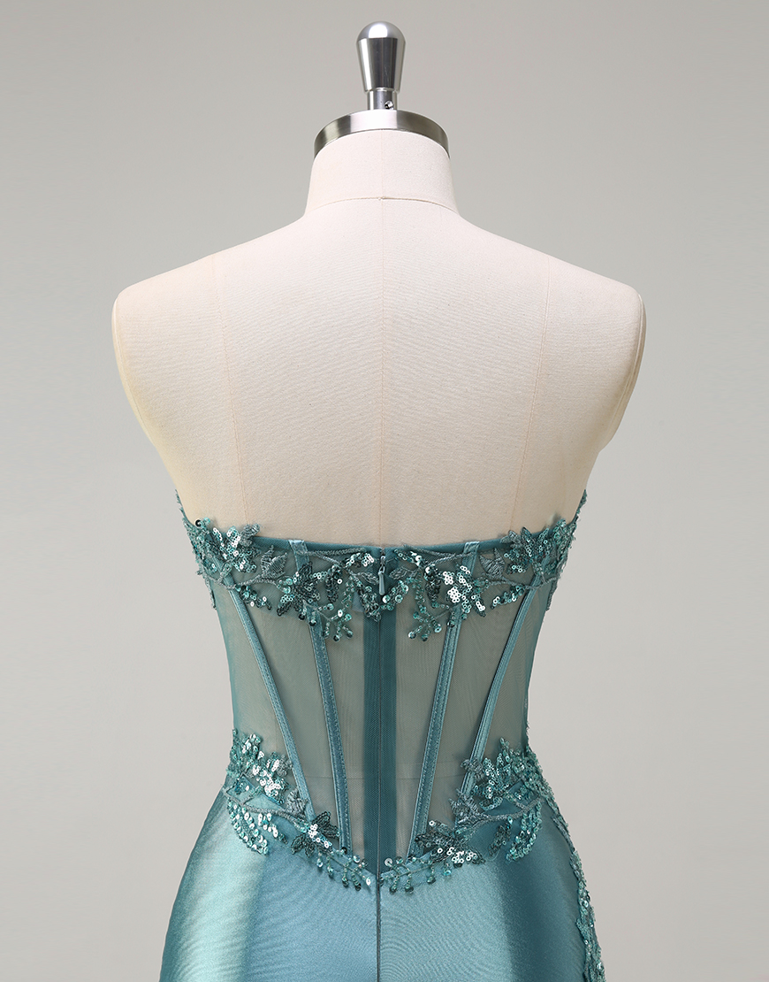Sparkly Grey Blue Mermaid Beading Embroidery Strapless Corset Long Prom Dress with Slit