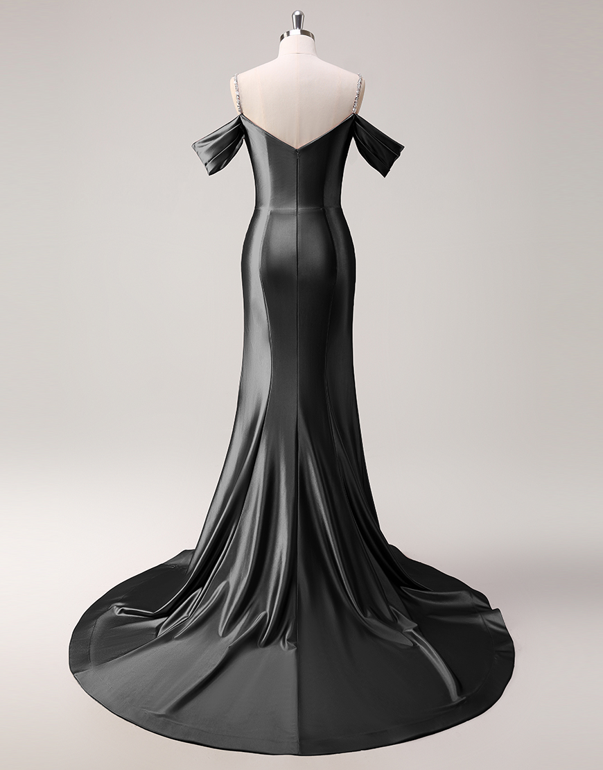 Sparkly Blush Mermaid Cold Shoulder Ruched Satin Long Prom Dress