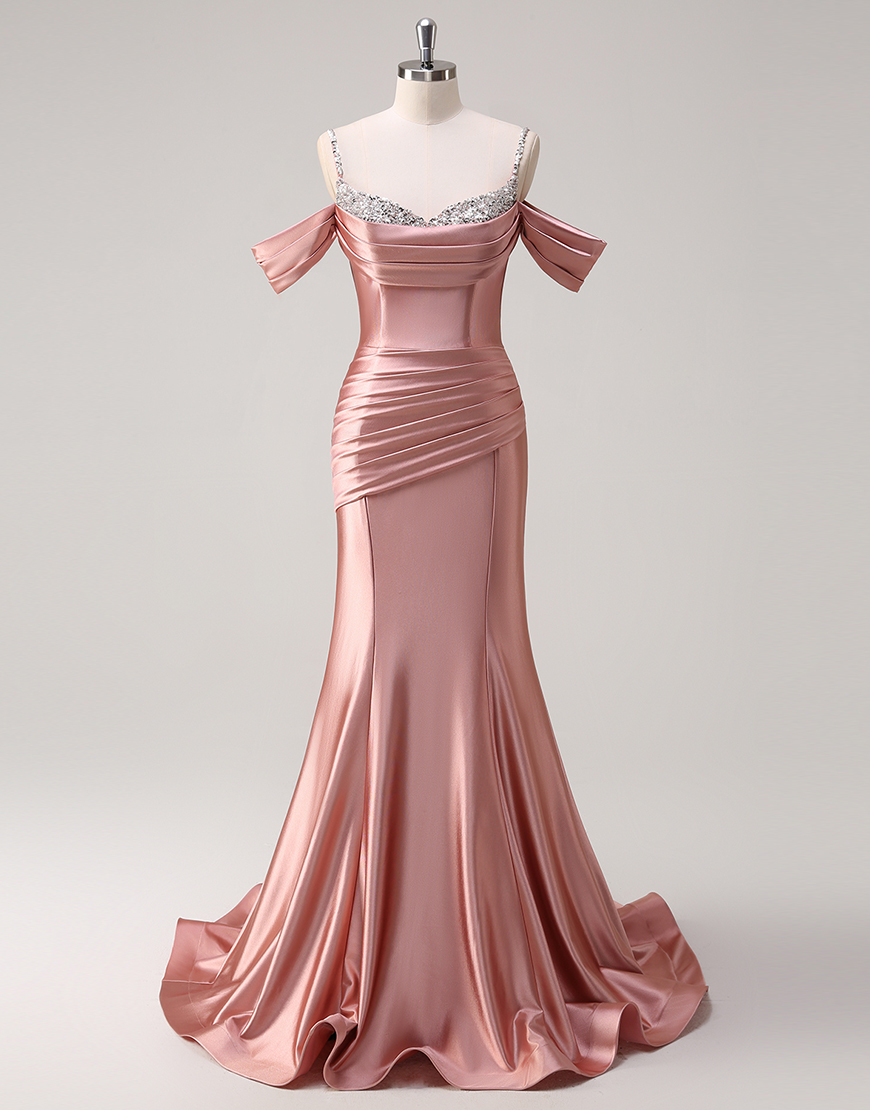 Sparkly Blush Mermaid Cold Shoulder Ruched Satin Long Prom Dress