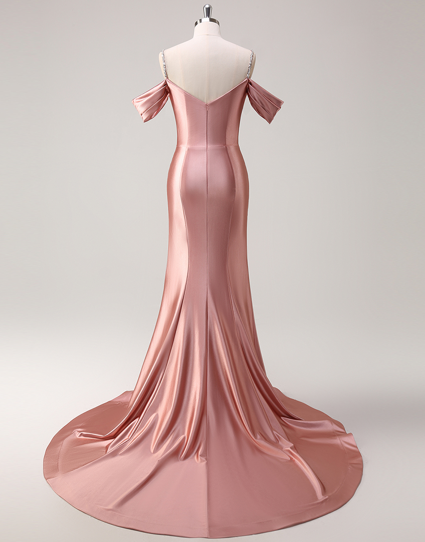 Sparkly Blush Mermaid Cold Shoulder Ruched Satin Long Prom Dress