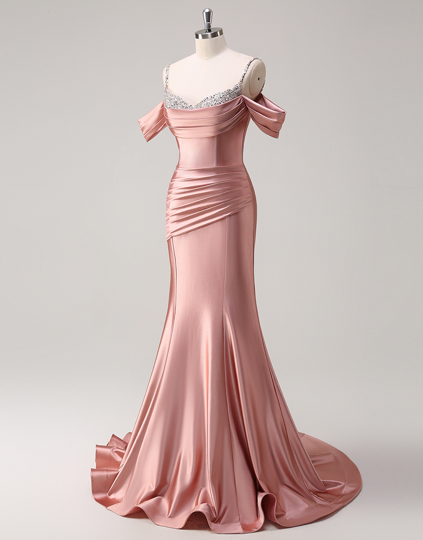 Sparkly Blush Mermaid Cold Shoulder Ruched Satin Long Prom Dress