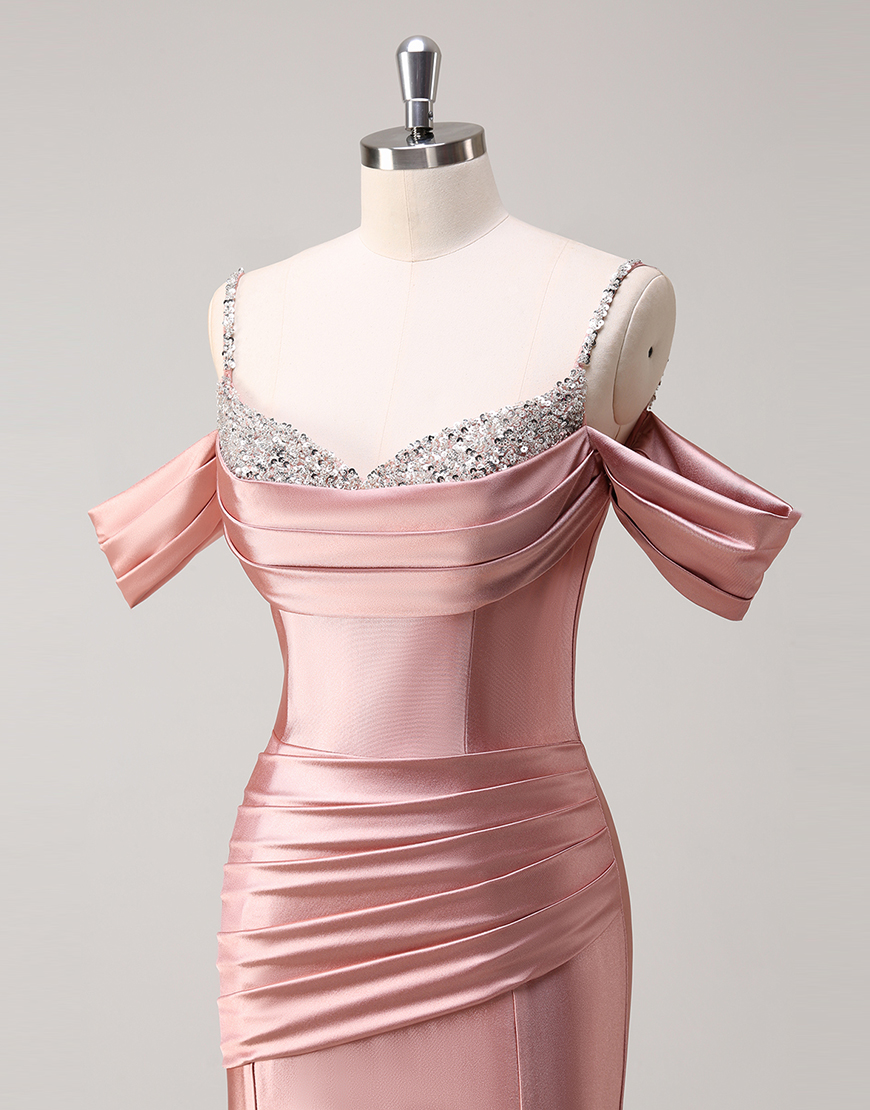 Sparkly Blush Mermaid Cold Shoulder Ruched Satin Long Prom Dress