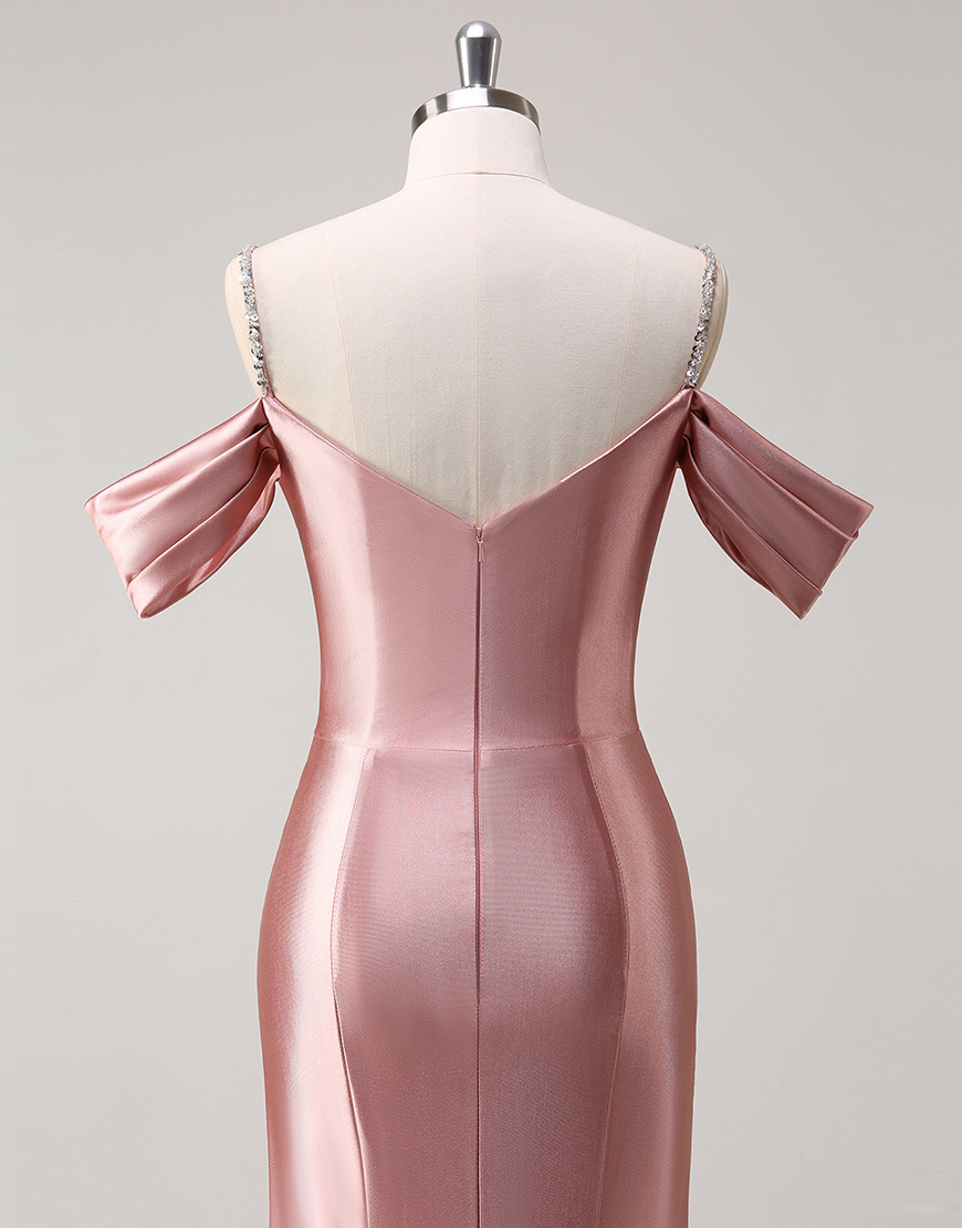 Sparkly Blush Mermaid Cold Shoulder Ruched Satin Long Prom Dress