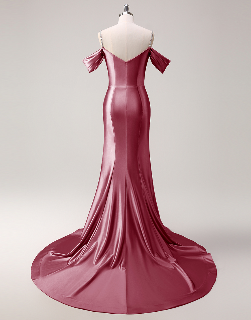 Sparkly Blush Mermaid Cold Shoulder Ruched Satin Long Prom Dress