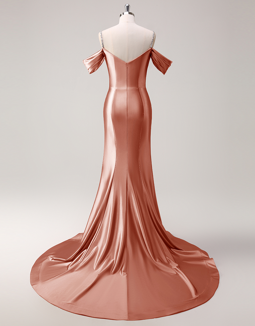 Sparkly Blush Mermaid Cold Shoulder Ruched Satin Long Prom Dress