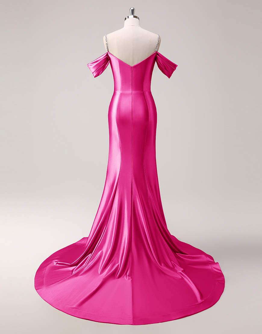 Sparkly Blush Mermaid Cold Shoulder Ruched Satin Long Prom Dress