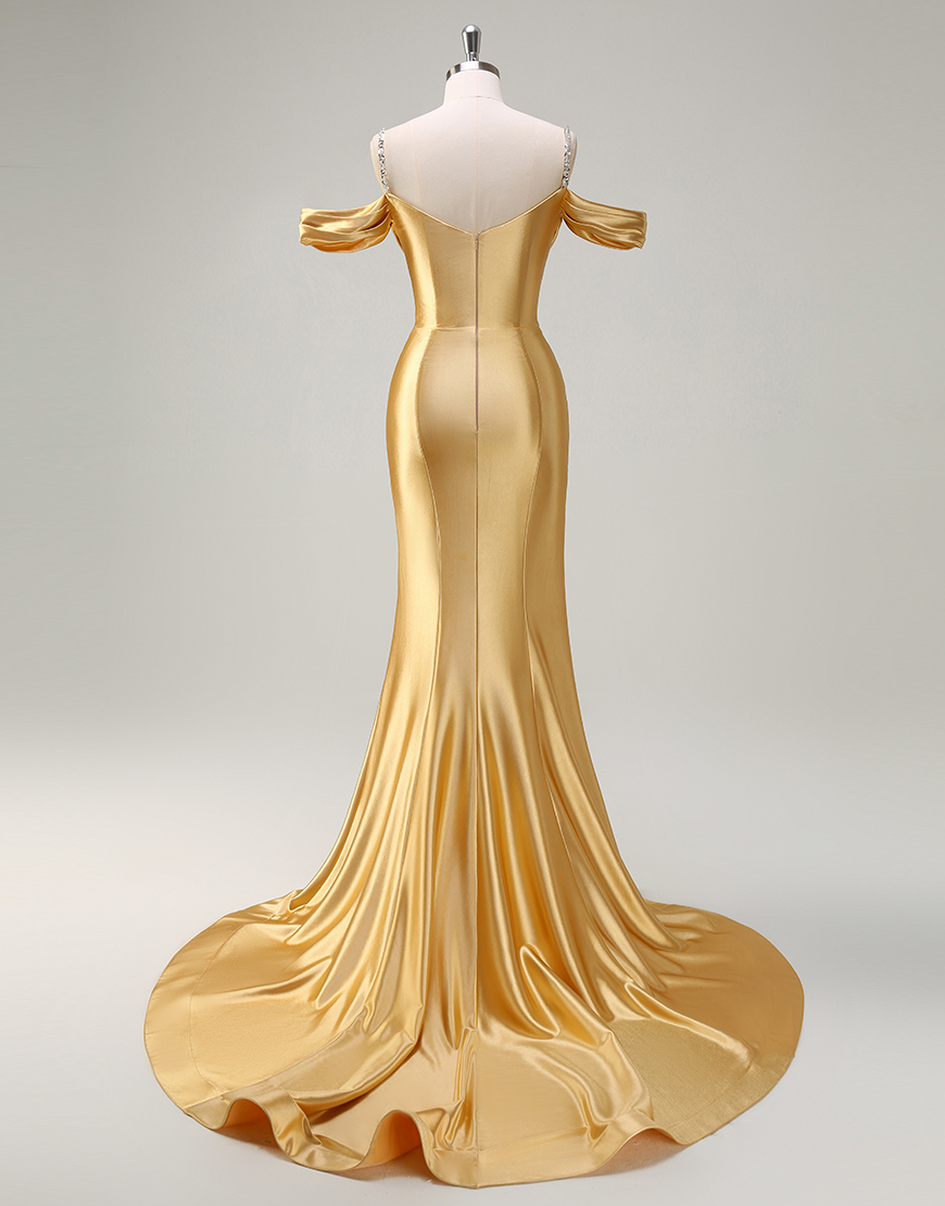 Sparkly Blush Mermaid Cold Shoulder Ruched Satin Long Prom Dress