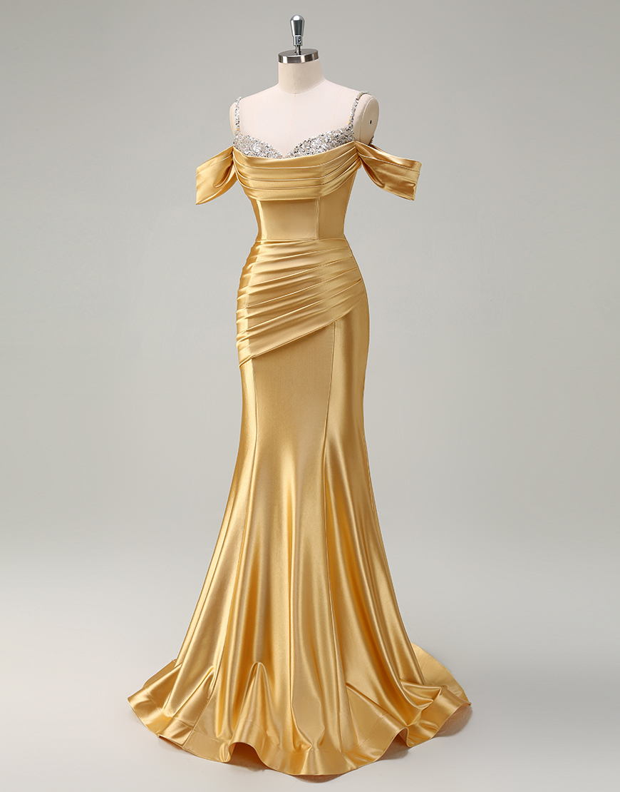 Sparkly Blush Mermaid Cold Shoulder Ruched Satin Long Prom Dress