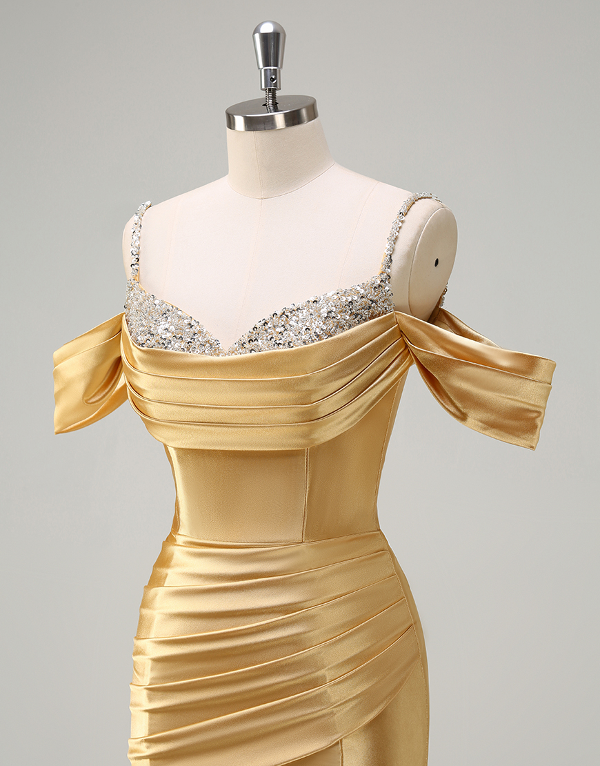 Sparkly Blush Mermaid Cold Shoulder Ruched Satin Long Prom Dress