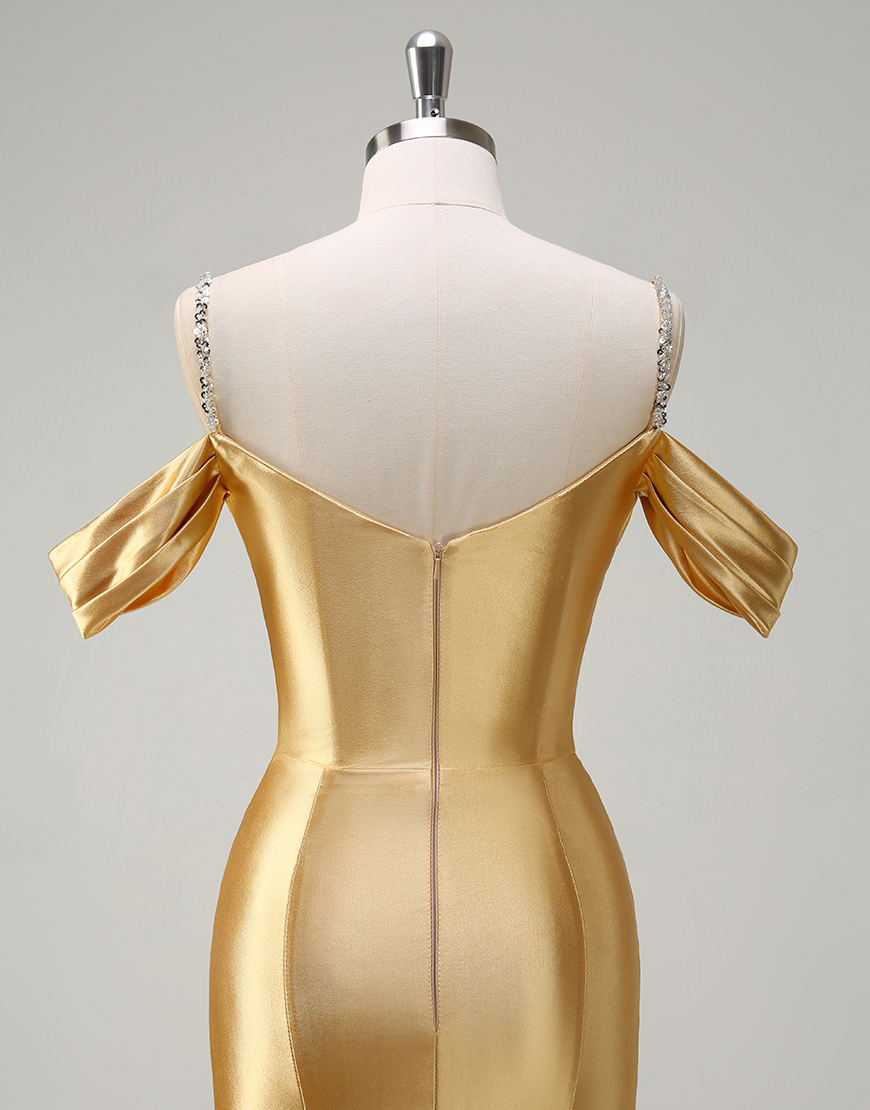 Sparkly Blush Mermaid Cold Shoulder Ruched Satin Long Prom Dress