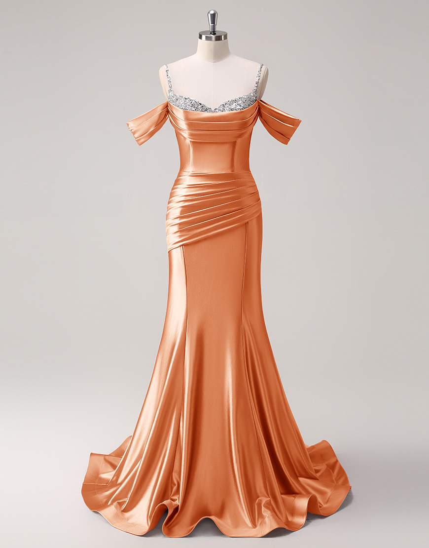 Sparkly Blush Mermaid Cold Shoulder Ruched Satin Long Prom Dress