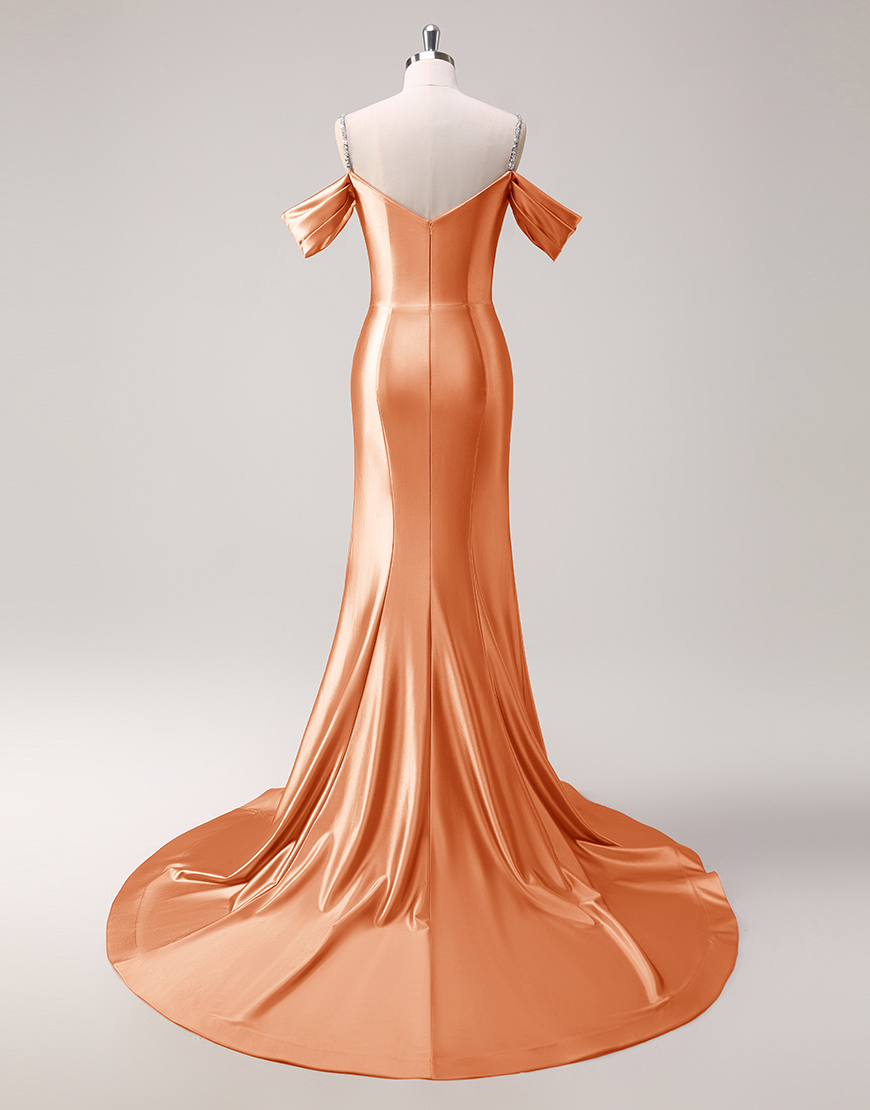 Sparkly Blush Mermaid Cold Shoulder Ruched Satin Long Prom Dress