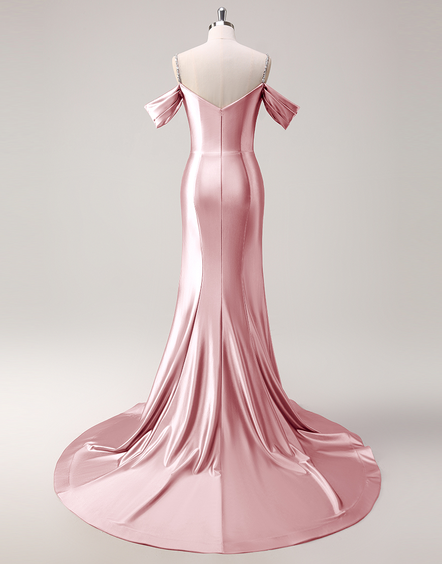 Sparkly Blush Mermaid Cold Shoulder Ruched Satin Long Prom Dress